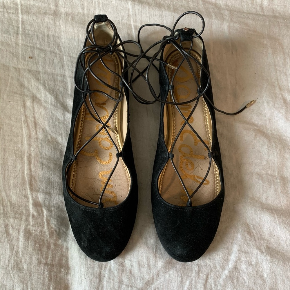 Sam Edelman Flynt Black Suede Lace Up Ankle Flats